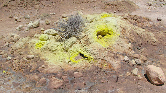  Holes bordered by fragile sulfur crystals